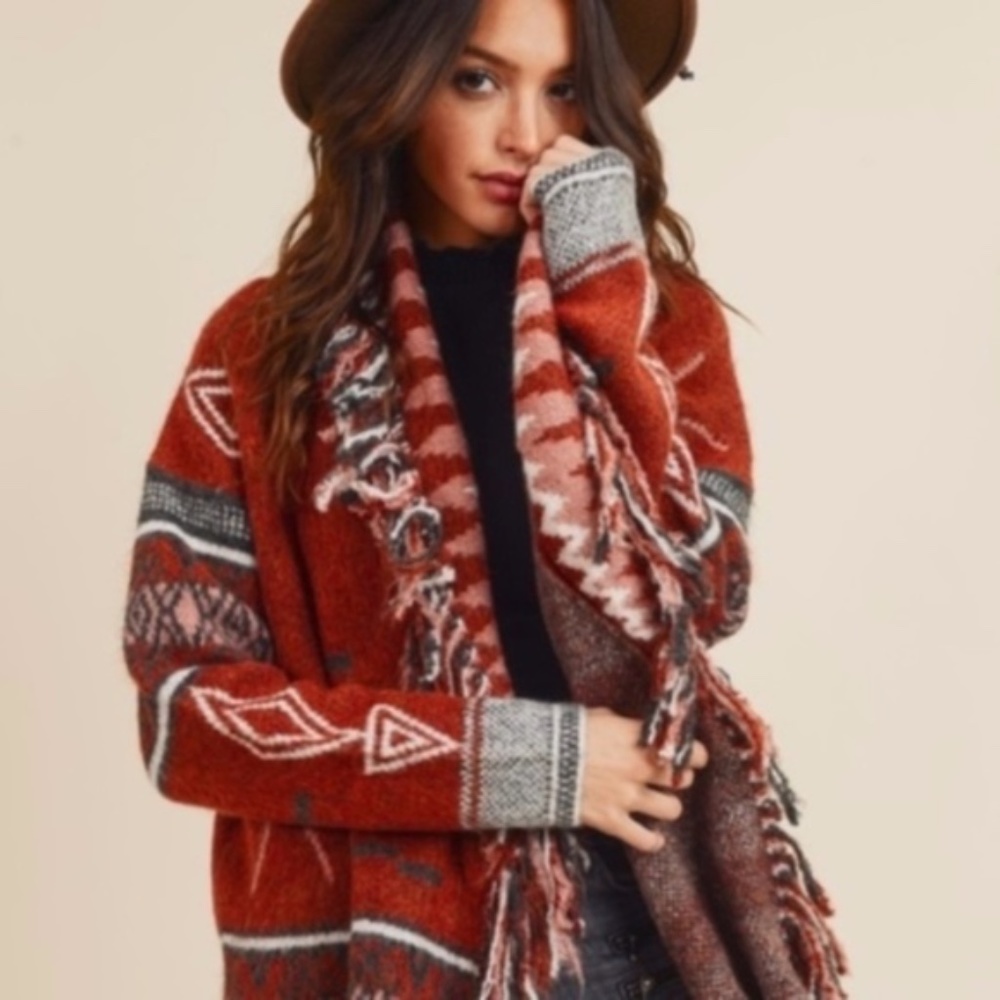Cozy Cinnamon Red Tribal Print Fringe Open Front Cardigan - Picture 5 of 10